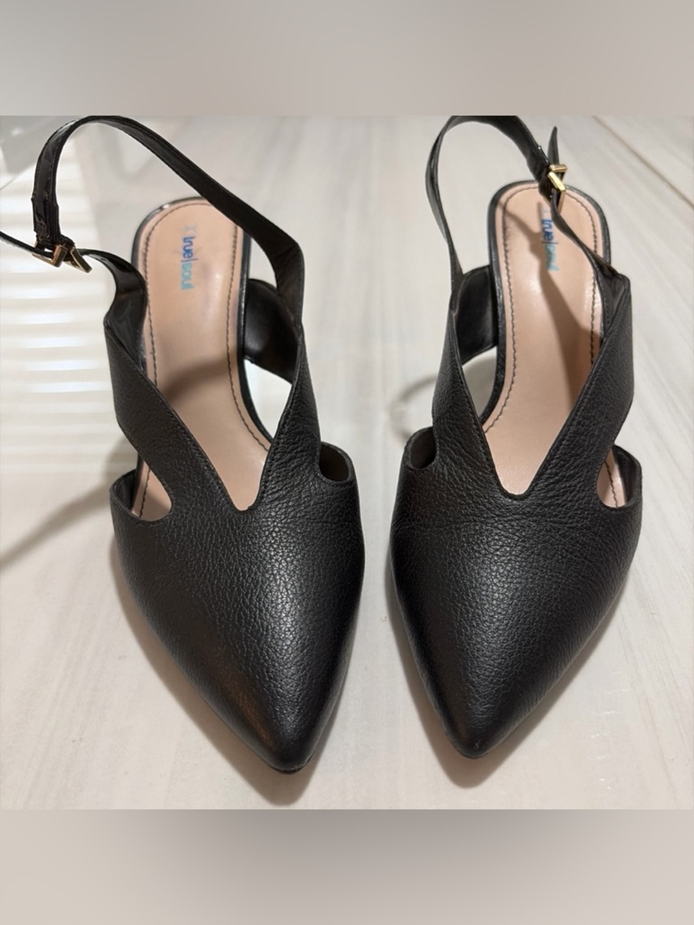 “True Soul” Black Leather Slingback Heels with pointed toe